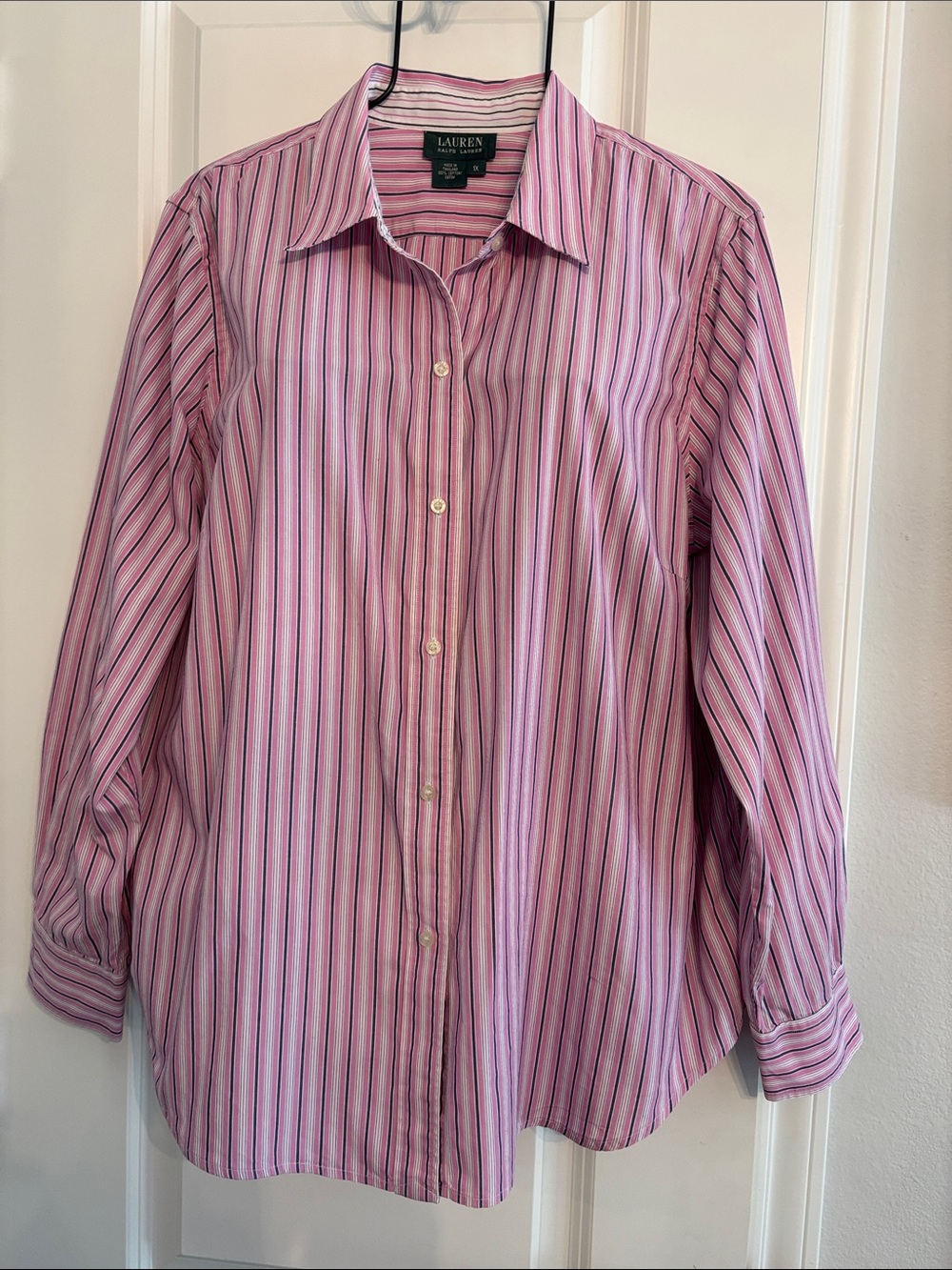 Lauren Ralph Lauren Pink White Blue Striped Cotton Button-Down Shirt. Size 1X
